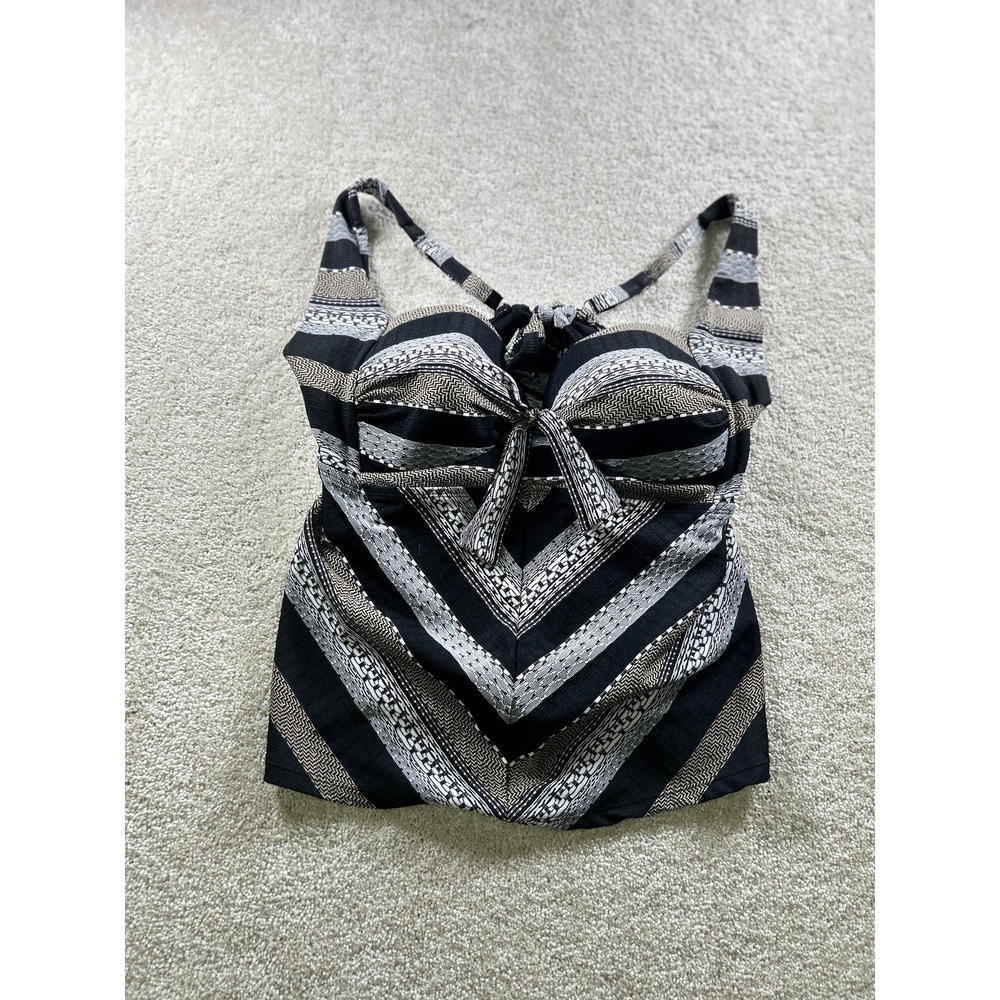 Time and Tru Tankini Swim Top Womens XL Black White Stripe Padded Tie Front